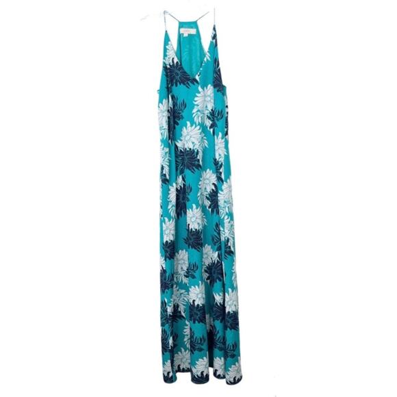 LOFT Teal Black and White Floral V-Neck Racerback Maxi Dress Sz. 4 - Picture 2 of 4